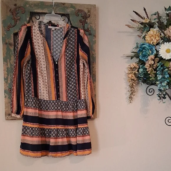 LOFT Navy and Orange Patterned Long Sleeve Dress. Good Condition Size Small - Picture 6 of 17